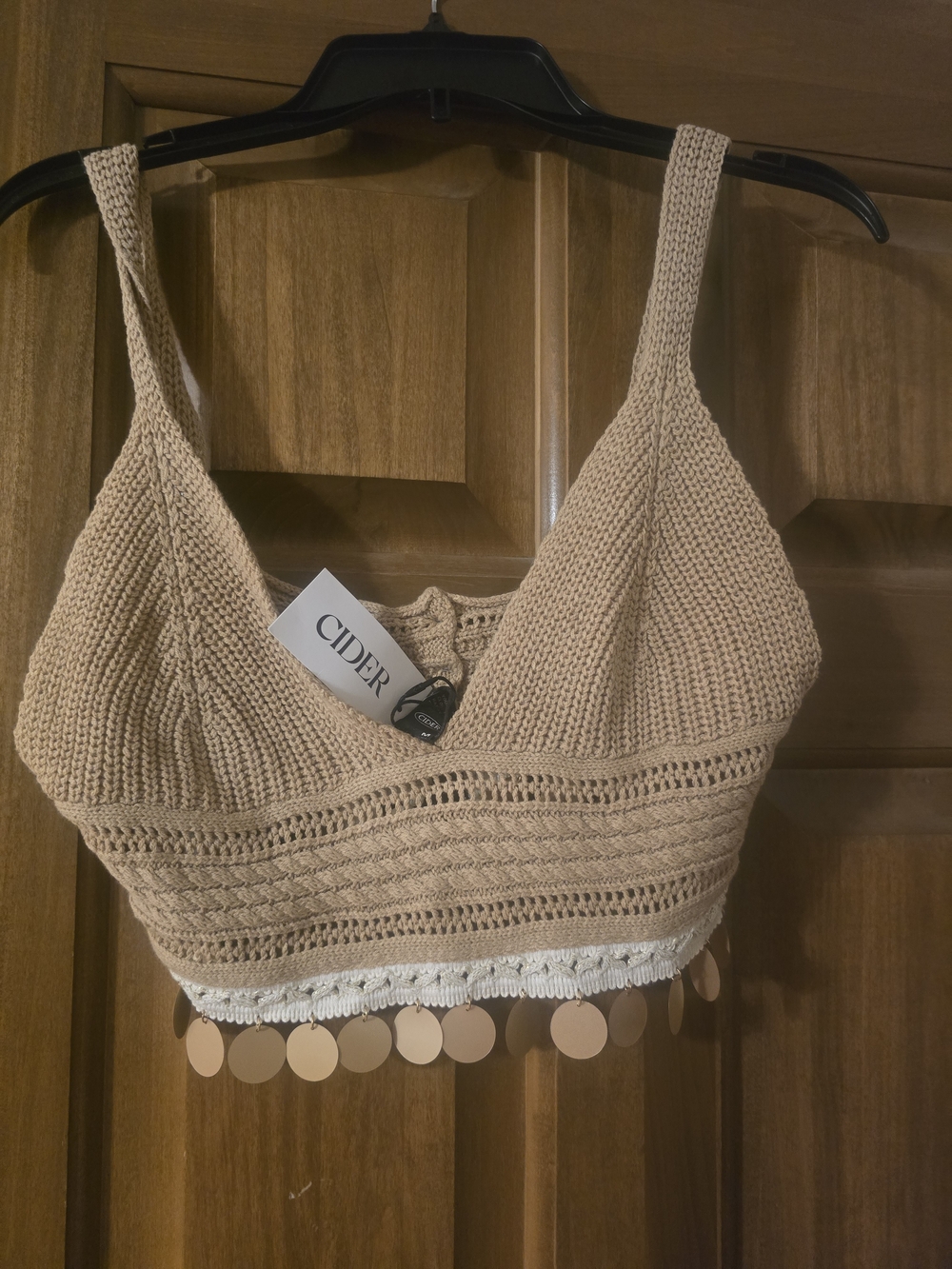 Cider Beige Crochet Crop Top with Sequin Trim